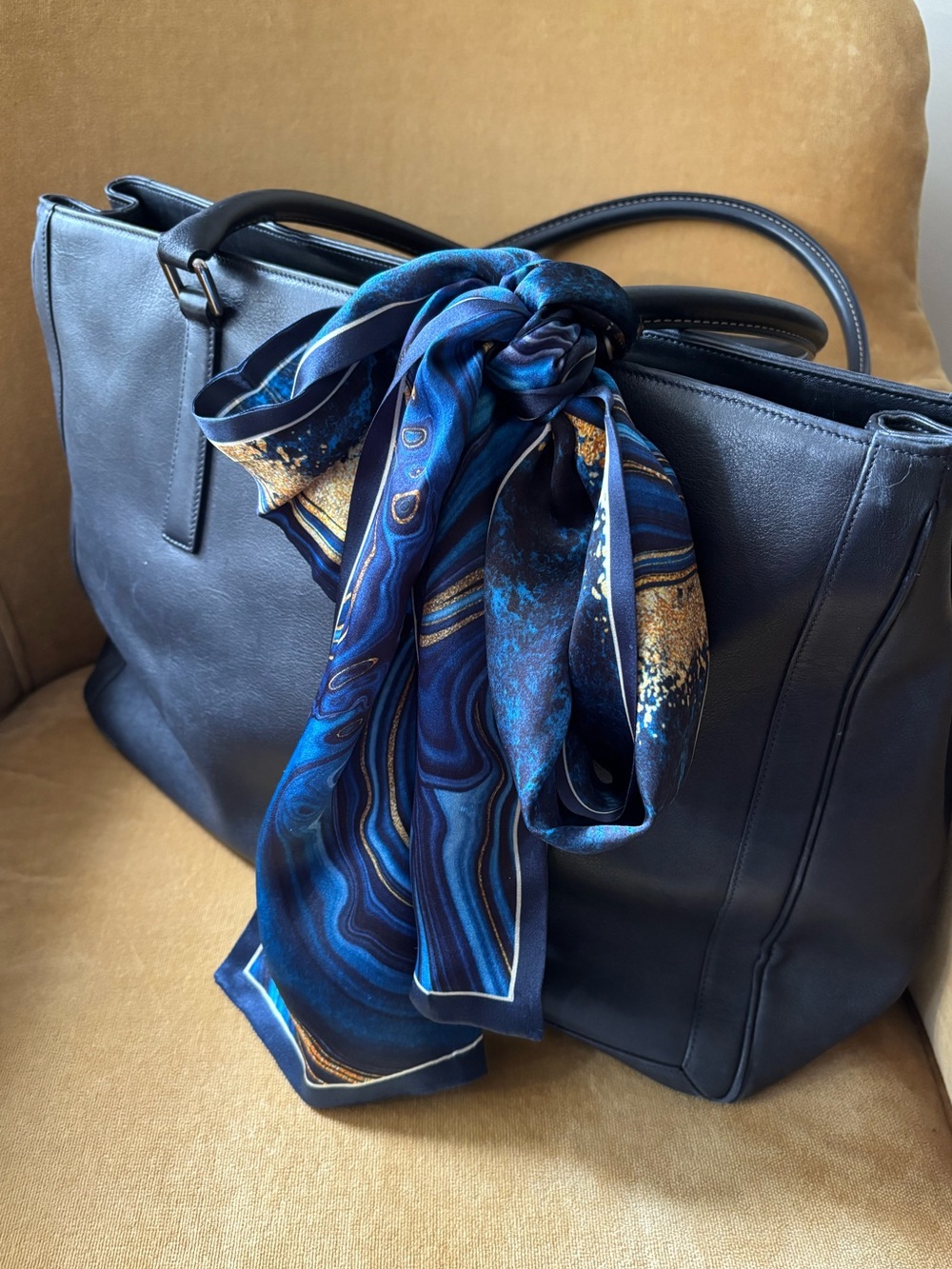 SILK SCARF long length HAIR WRAP pony tie BAG CHARM bow NAVY GOLD